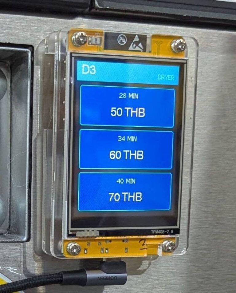 หน้าจอเครื่องอบผ้า D3 แสดงตัวเลือก 28, 34 และ 40 นาที / Dryer D3 screen with 28, 34 and 40 minute options