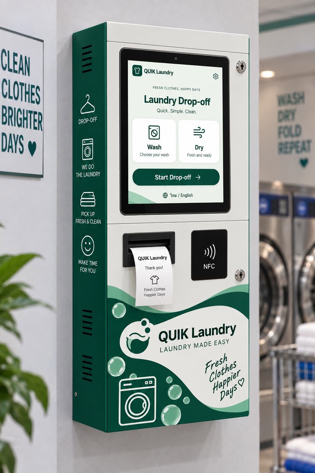 Green and white QUIK Laundry drop-off kiosk with a touchscreen and receipt printer.