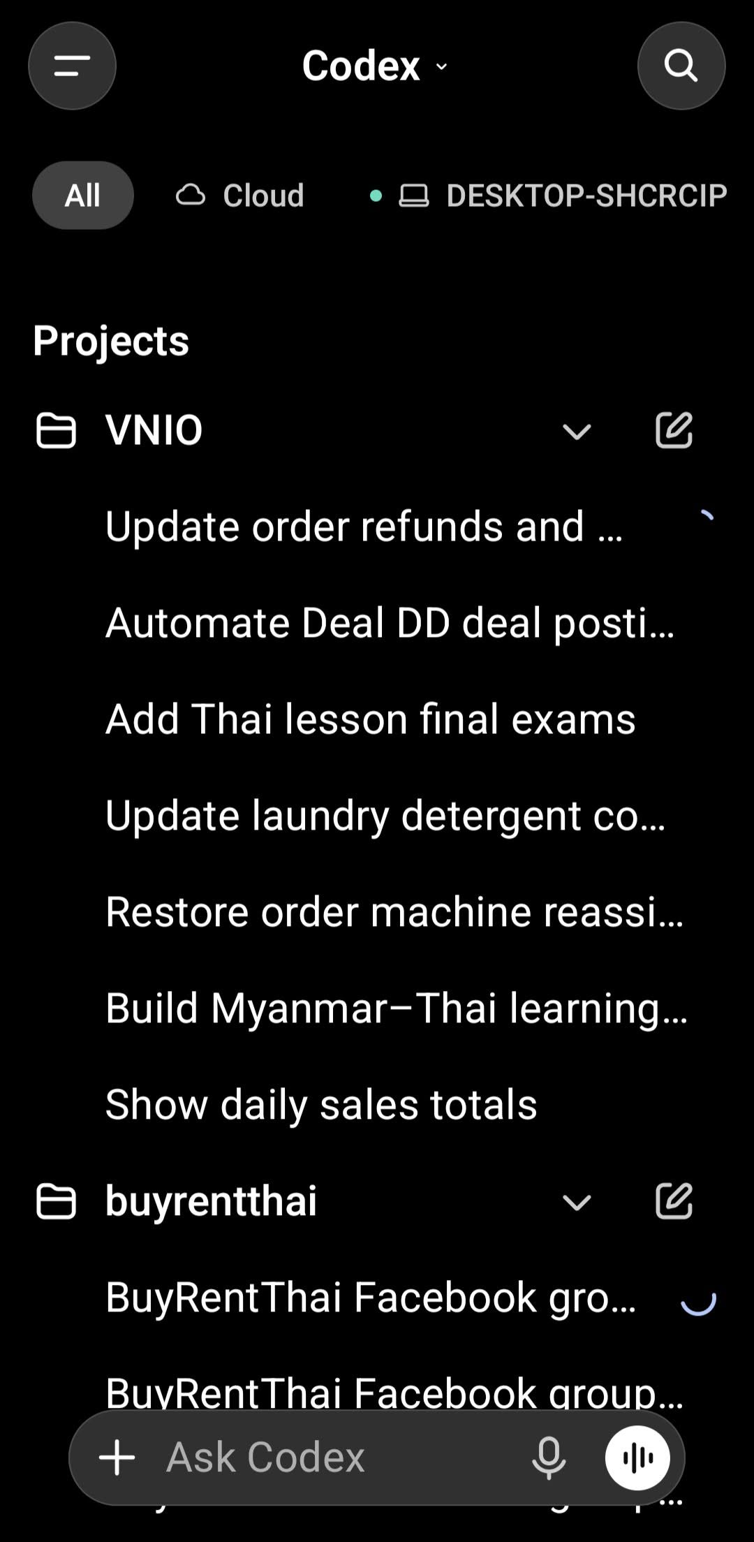 หน้าจอ Codex บนมือถือ แสดงรายการโปรเจกต์และงาน AI / Codex on a phone showing projects and AI tasks